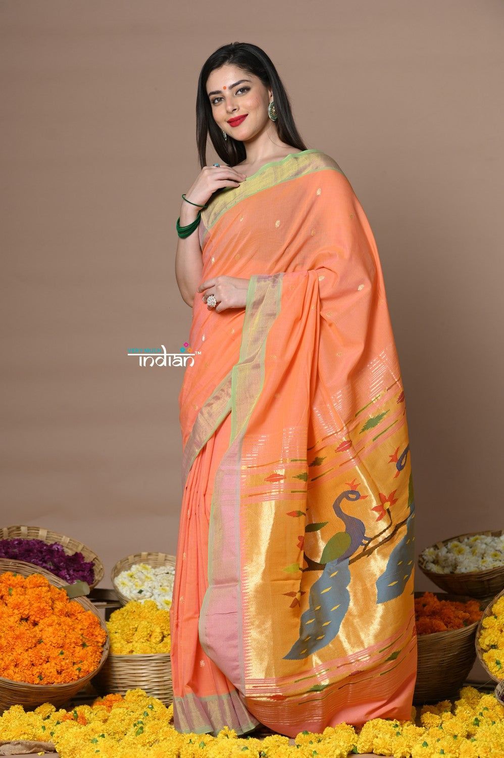Rajsi~Handloom Pure Cotton Paithani With Peacock Pallu ~ Peach