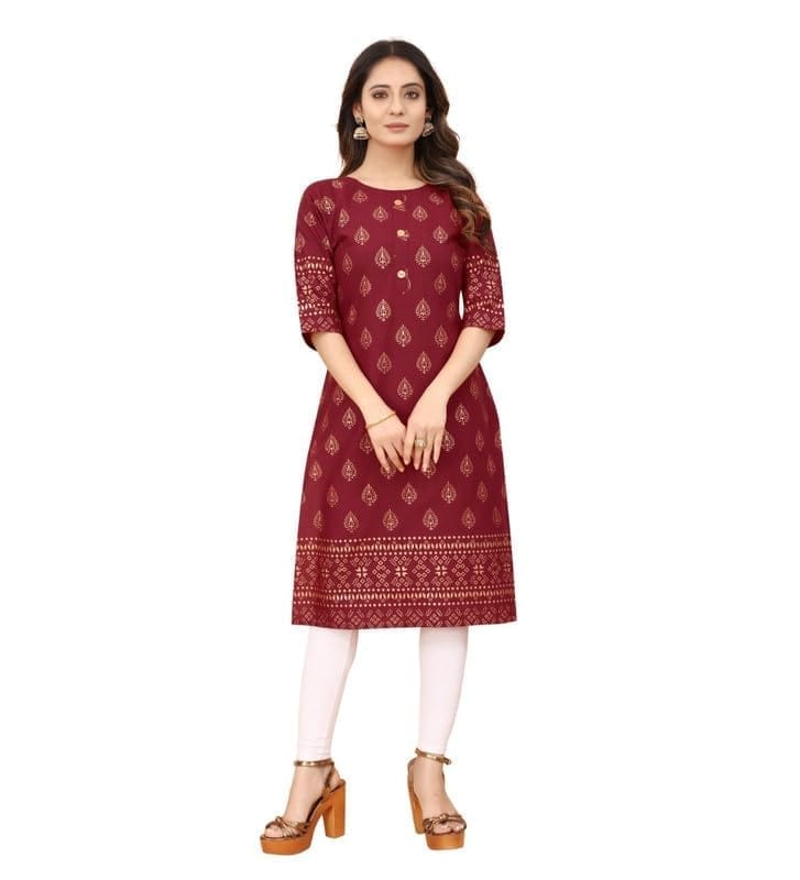 Women's Casual 3/4th Sleeve Foil Gold Printed Cotton Kurti (Maroon, M)-PID46156