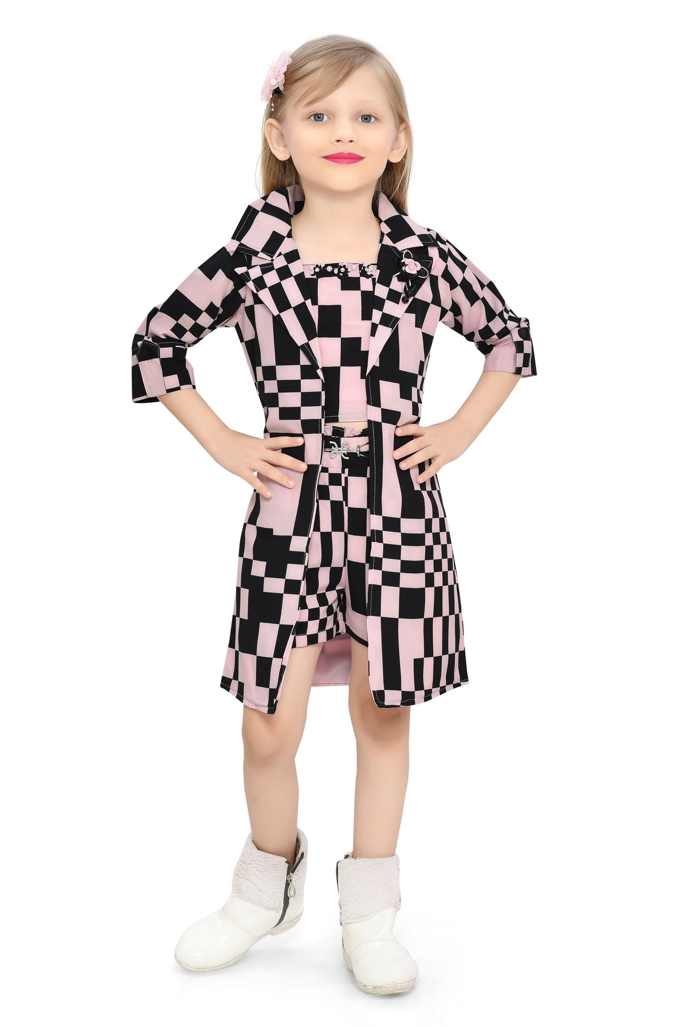 Be:Kids Chic Checkerboard Pink Girls' Two-Piece Outfit: Sleeveless Top and Matching Shorts Set