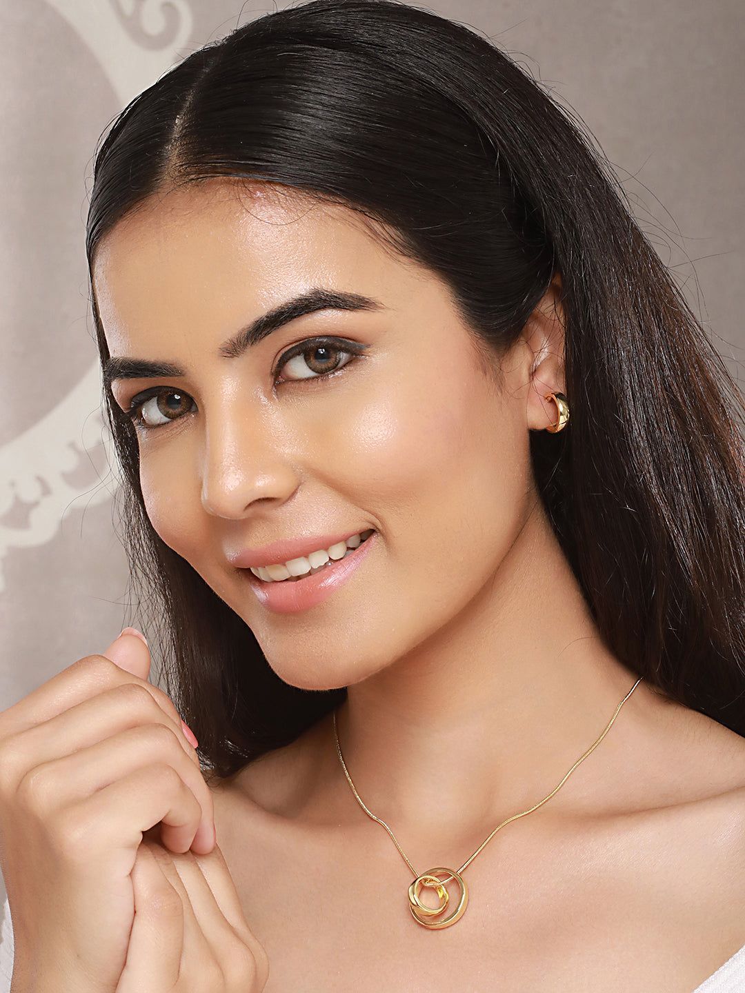 Anti-Tarnish Gold Plated Ring Pendant & Hoops Earrings Jewellery Set