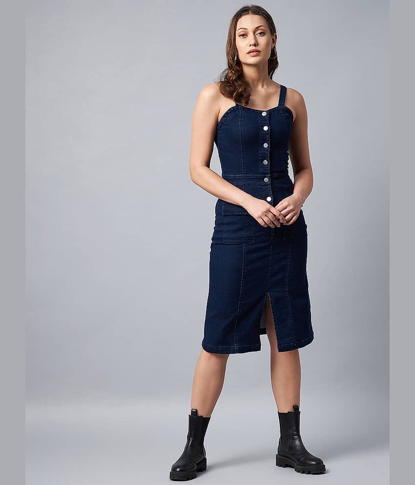 StyleStone Women Denim Solid Bodycon Dress ( Navy Blue )