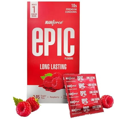 Epic Pleasure Raspberry (10s)Manforce Epic Pleasure Long Lasting Super Thin Raspberry Flavoured Premium Condoms with Disposable Pouch- 10 Counts