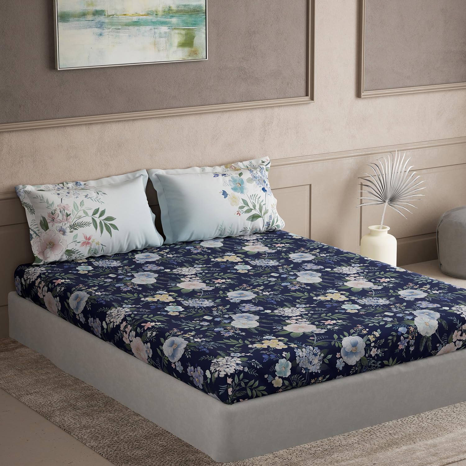 DDECOR - Maxima Collection 100% Cotton Floral Pattern 145TC Super King |274 CM X 274 CM| with 2 Pillow Covers - Blue