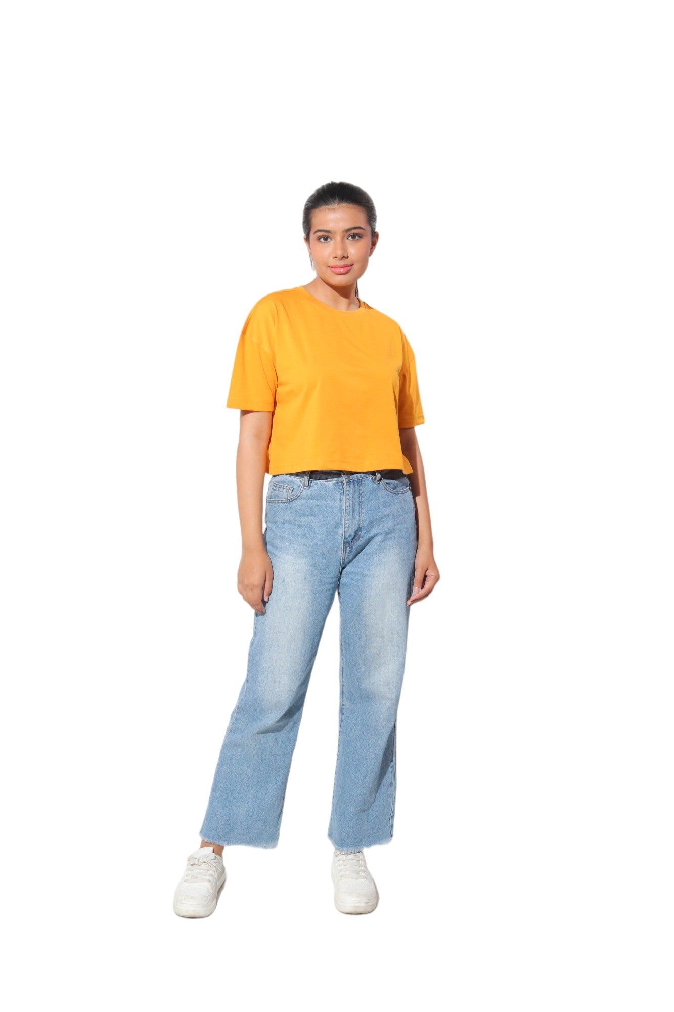 Kinnko Premium Cotton Womens Yellow Solid Crop T-Shirt Plain