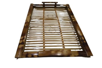 Bamboo Serving Tray with Handles, Decorative Slatted Design, Rustic Brown Finish Bamboo Serving Tray with Handles, Decorative Slatted Design, Rustic Brown Finish