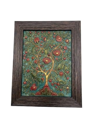 Framed Tree of Life Wall Art, Textured Relief, Teal Green with Red Flowers, Wooden Frame, Decorative Home Decor Size (30 * 36 cm)