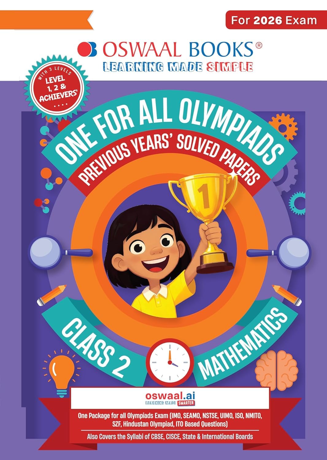 Oswaal One For All Olympiads previous year solved paper Mathematicss class 2 -2026 Examinaiton in novermber 2026 one package of all olympiads exams with simple learning