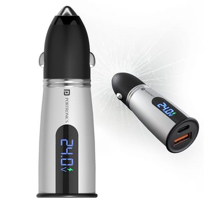 Portronics Car Power Armour 55.5W Dual Port Car Charger, 33W Type-C PD | 22.5W USB-A Port, LED Display for Voltage Monitoring
