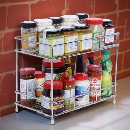 IVAZA 2-Tier Stainless Steel Spice Rack – Kitchen Organizer Shelf for Condiment Bottles, Sauces, and Jars –