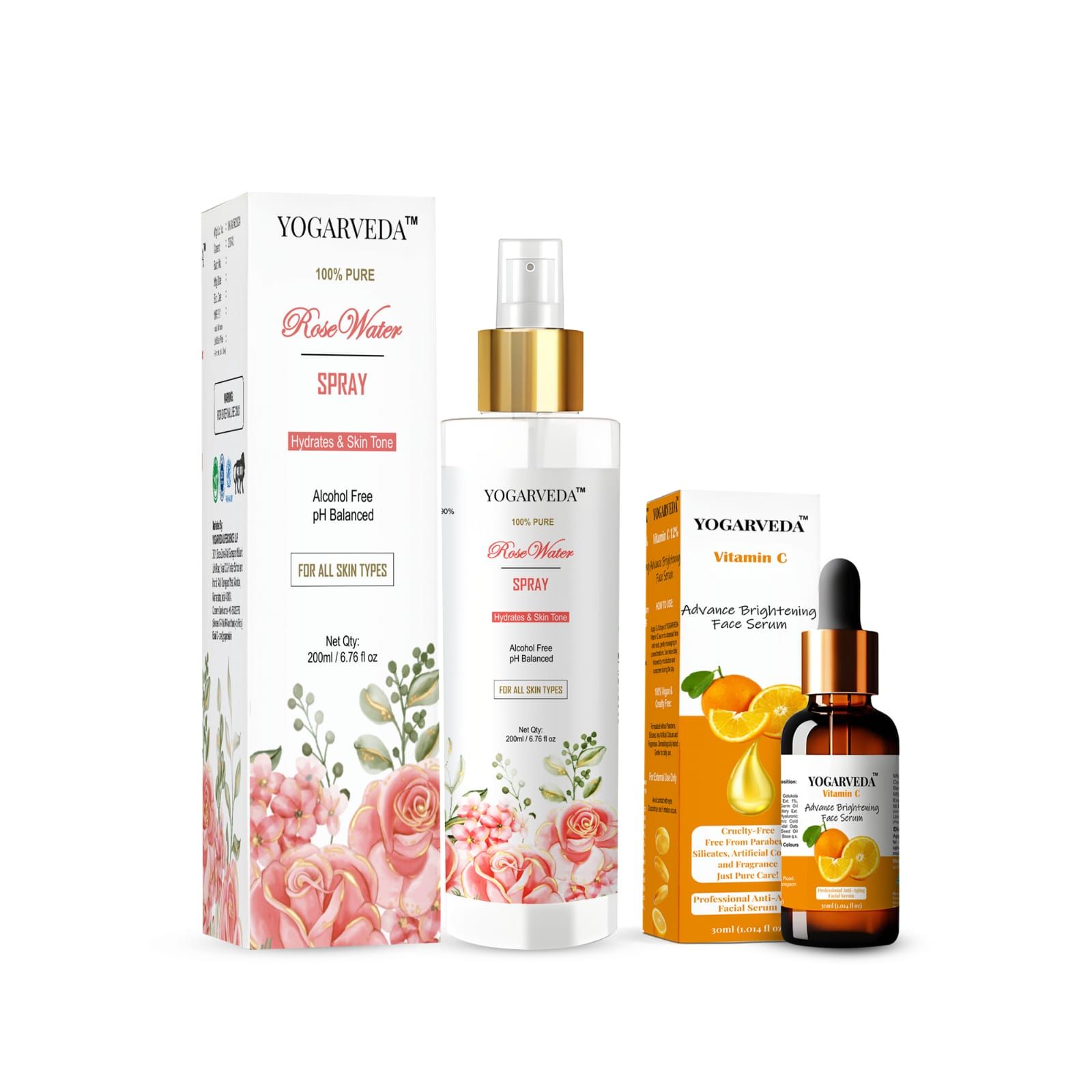 YOGARVEDA Rose Water Spray (200ml) & Vitamin C Face Serum (30ml) Combo  (2 Items in the set) Pack of 4