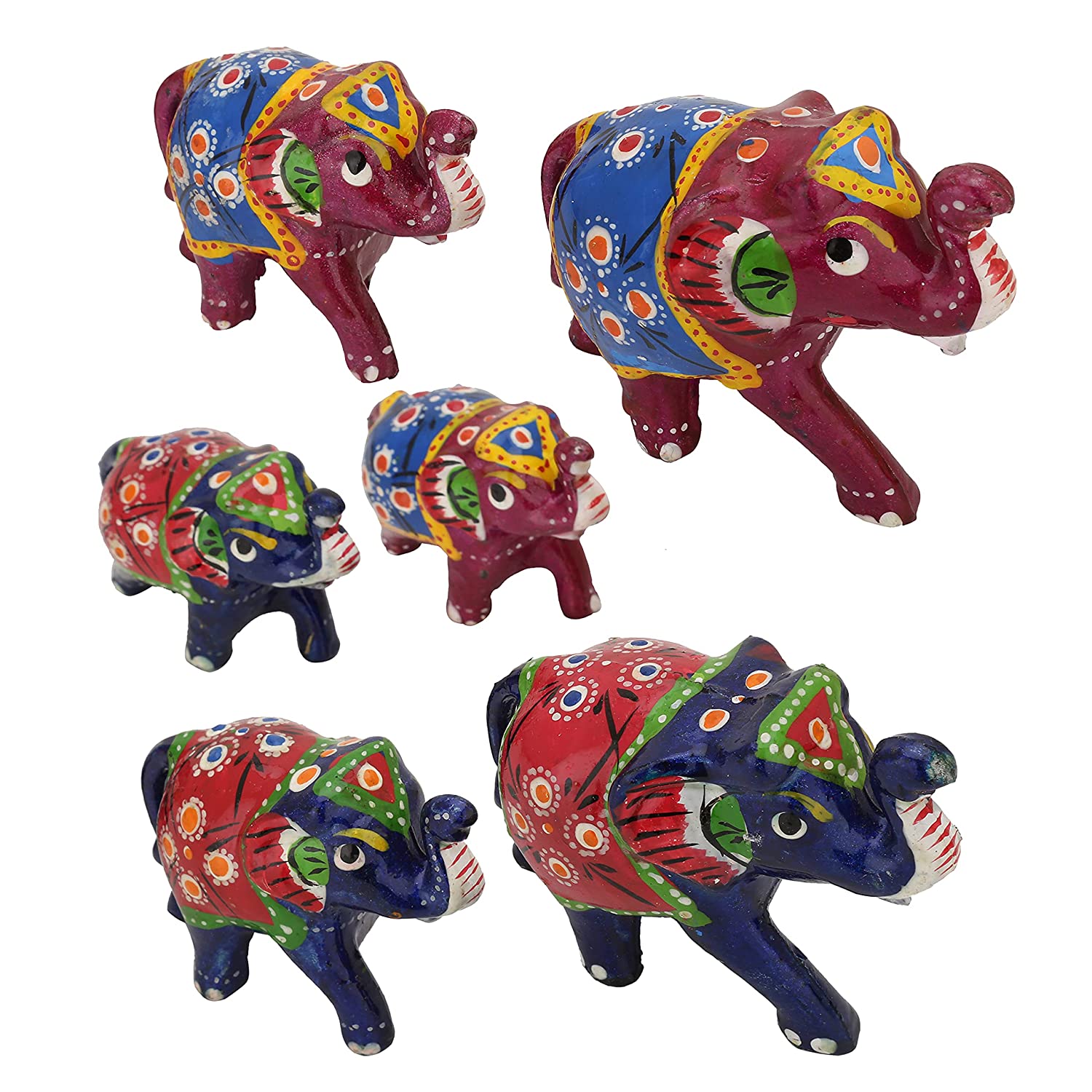 DreamKraft Paper Mache Handcrafted Elephant Showpiece Figurine (Pack of 6, Blue & Pink)