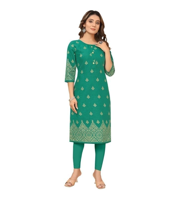 Women's Casual 3/4th Sleeve Foil Gold Printed Ruby Cotton Kurti (Green, S)-PID46105