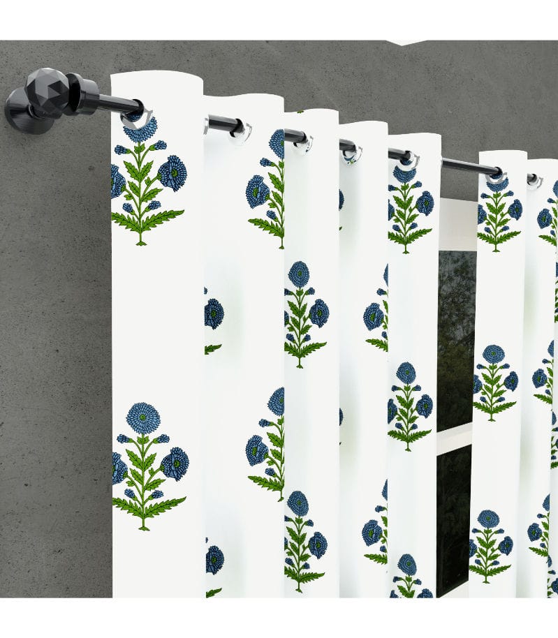 Jaipuri Aachho Block Print Curtains  Blue Floral Elegance in Cotton( 5 Feet )