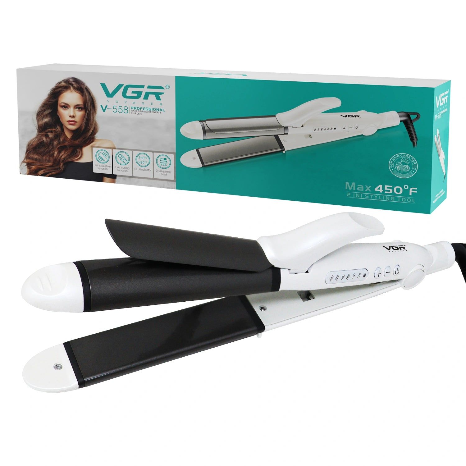VGR V-558 2 In 1 Hair Straightener And Curler, White