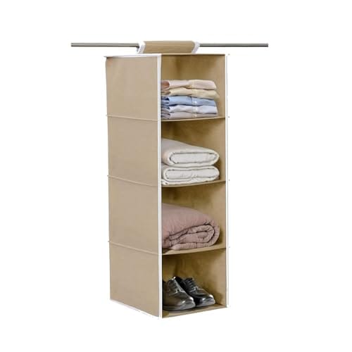 PrettyKrafts 4-Shelf Hanging Wardrobe Organiser - Foldable Fabric Closet Storage for Clothes, Shoes &