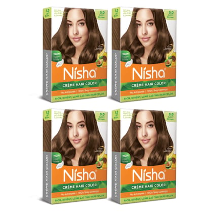 Nisha Creme Hair Color Light Brown 40gm Pack of 4, Permanent Hair Color for Women Men, No Ammonia, 100% Grey Coverage