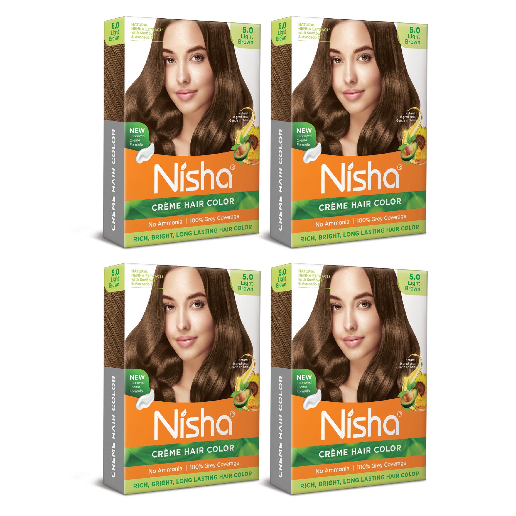 Nisha Creme Hair Color Light Brown 40gm Pack of 4, Permanent Hair Color for Women Men, No Ammonia, 100% Grey Coverage