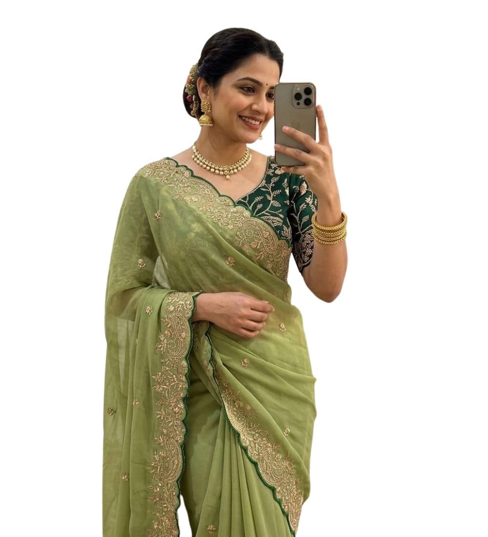 Women's Star Georgette Embroidered Saree With Unstitched Blouse 5.5Mtr (Green)-PID67219