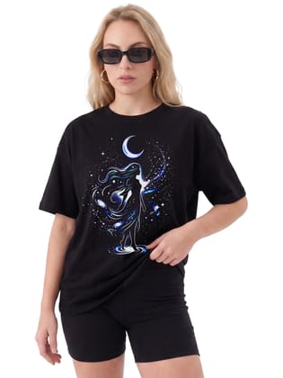 The Retro India Women’s Oversized Black Cotton T Shirt Girl Graphic Print tee| Aesthetic Tshirt for Women | Trendy Stylish Loose Fit Casual Wear Cotton Tshirt for Women