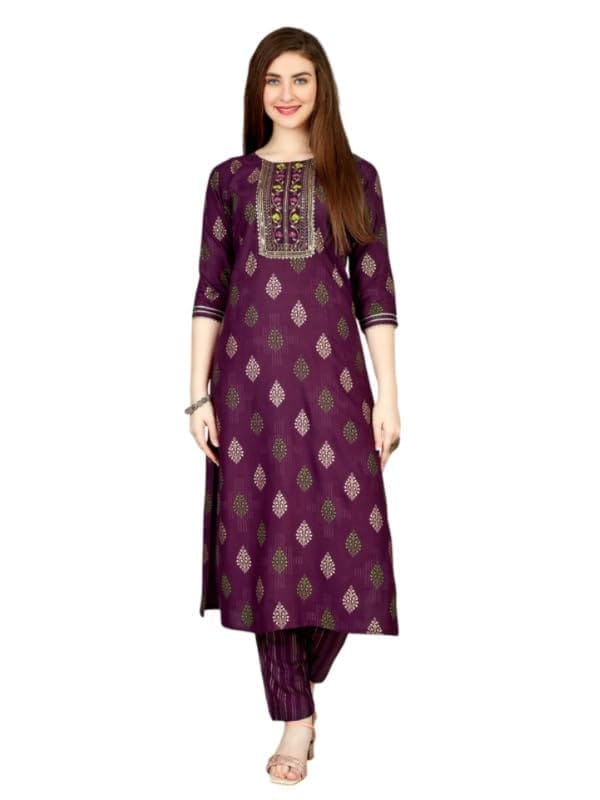 Women's Casual 3-4 th Sleeve Embroidery Rayon Kurti Pant Set (Purple, XL)-PID50265