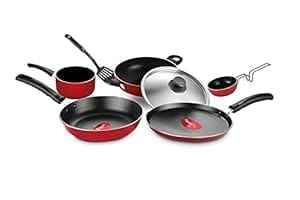 7 Piece Gift Set Non-Stick Coated Comes with Fry Pan, Kadhai, Lid, Sauce Pan, Spatula, Tadka Pan and a Tawa - Gas Stove Compatible (Red)_assorted colour