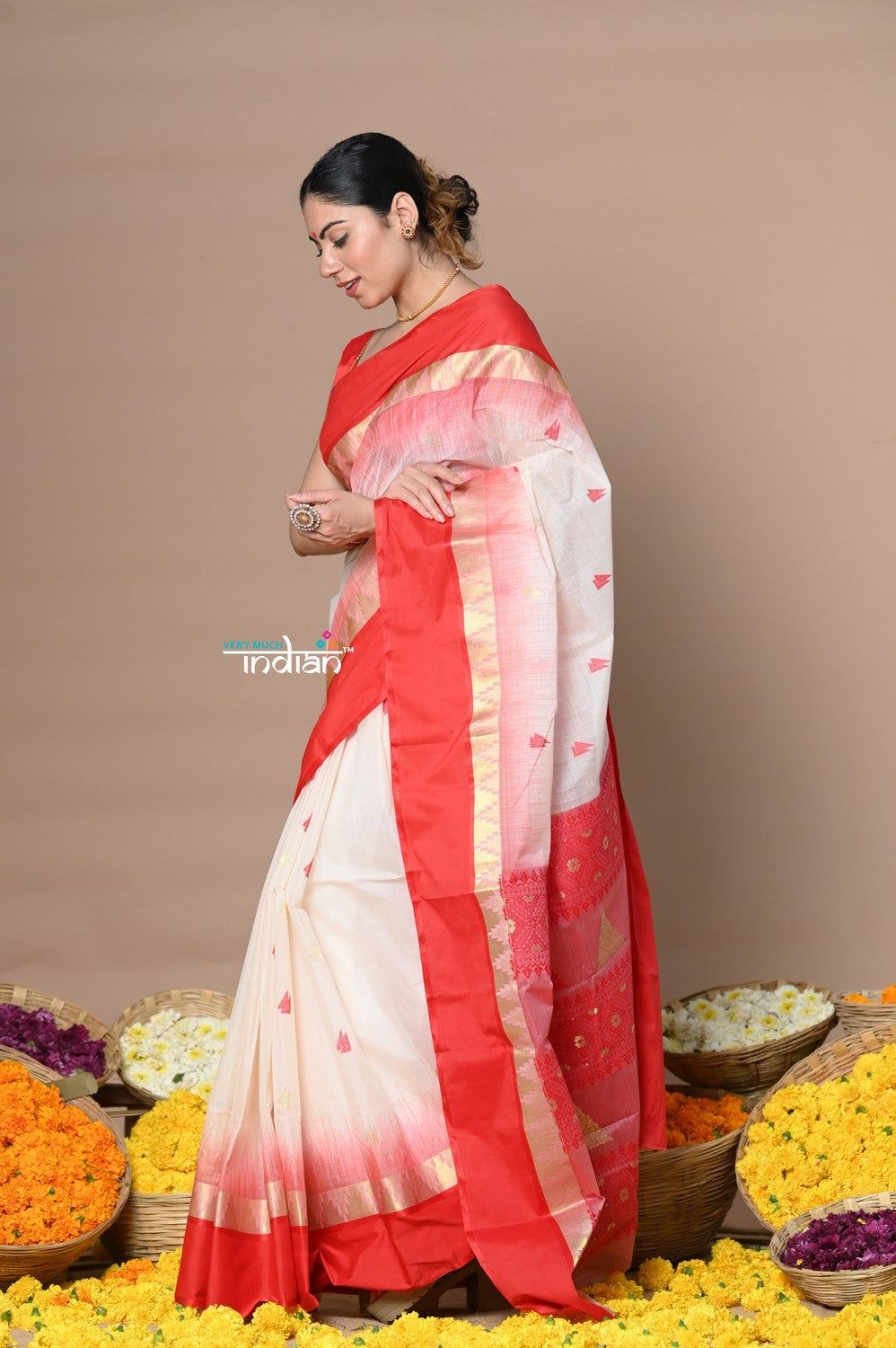 Rajsi~Handloom Cotton Tant Saree With Geometrical Designs and Red Border in White