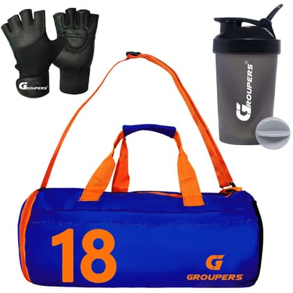 GROUPERS Combo Set of Duffle Polyester Bag with Shaker Bottle-400ml & Gloves GROUPERS Combo Set of Duffle Polyester Bag with Shaker Bottle-400ml & Gloves