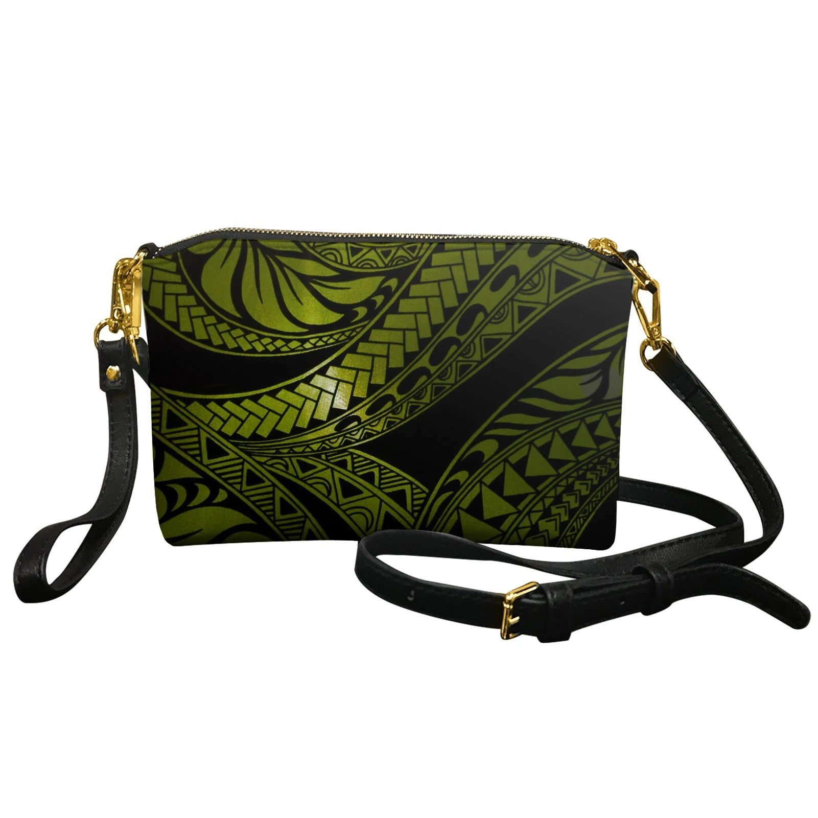 Green Polynesian Pattern Style Pu Crossbody Bag Women Soft Leather Purses Multi Pockets Small Handbags Ladies Crossbody Purses