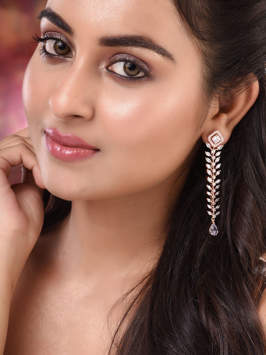 Rose Gold Plated White AD Encrusted Feather Design Earings