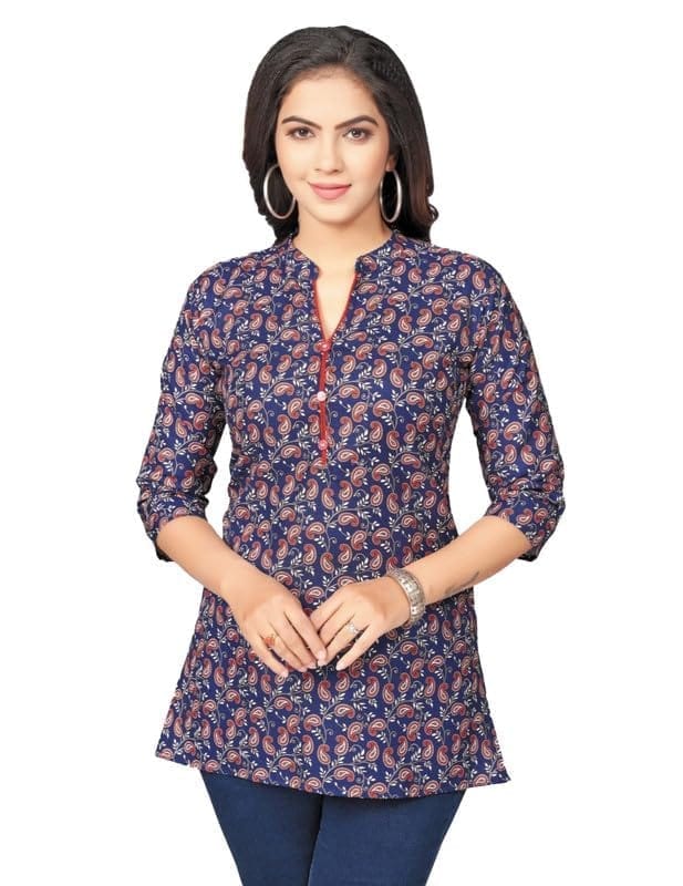 Women's Cotton Blend Mandarin Collar 3/4 Sleeves Short Top (Blue, M)-PID56249
