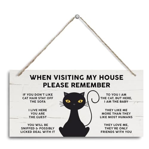 Wall Plaque - When Visiting My House Please Remember - Decorative Hanging Wood Sign, Black Cat Wall Art, Funny