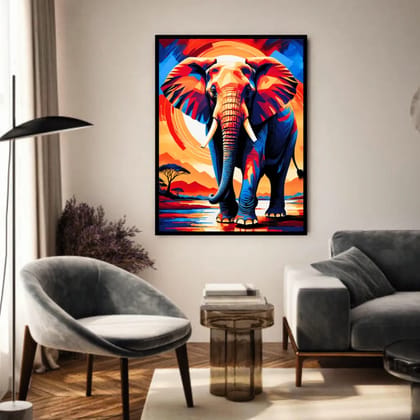 Luminary Sunset Majesty – Vibrant Safari Elephant Museum-Quality Cotton Canvas Art for Living Room Décor | Frame Size (69 X 97 Cm) | Frame Type (Black) | 5-Year Warranty