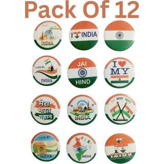 Indian Flag Badge for Republic and Independence Day Mixed Design  Metal  Plastic  Size 4.5 cm  Pack of 12