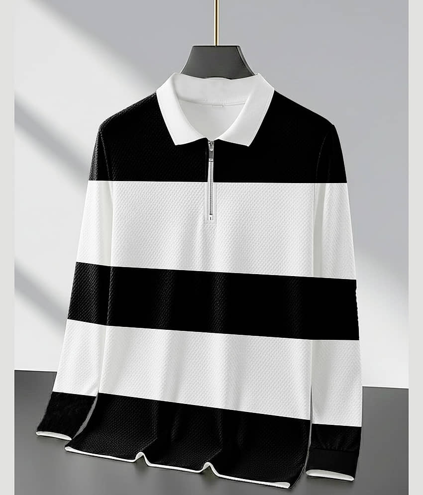 AUSK Men Cotton Blend Regular Fit Striped Polo T Shirt ( White )