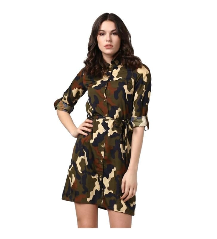 Women's Polyester Printed Roll Up Sleeve Tunic Top (Green - Black, S)-PID55922
