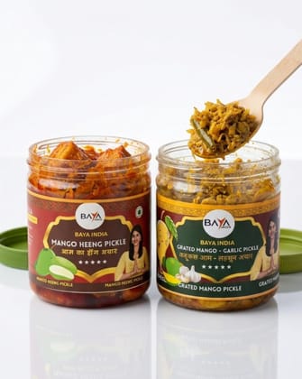 Baya India Combo of Two Mango Favorites | Hing Mango Pickle & Mango Lachha with Garlic & Green Chili Pickle | Homemade Style Aam ka Achar in Mustard Oil | Spicy & Tangy | No Preservatives Baya India Combo of Two Mango Favorites | Hing Mango Pickle & Mango Lachha with Garlic & Green Chili Pickle | Homemade Style Aam ka Achar in Mustard Oil | Spicy & Tangy | No Preservatives
