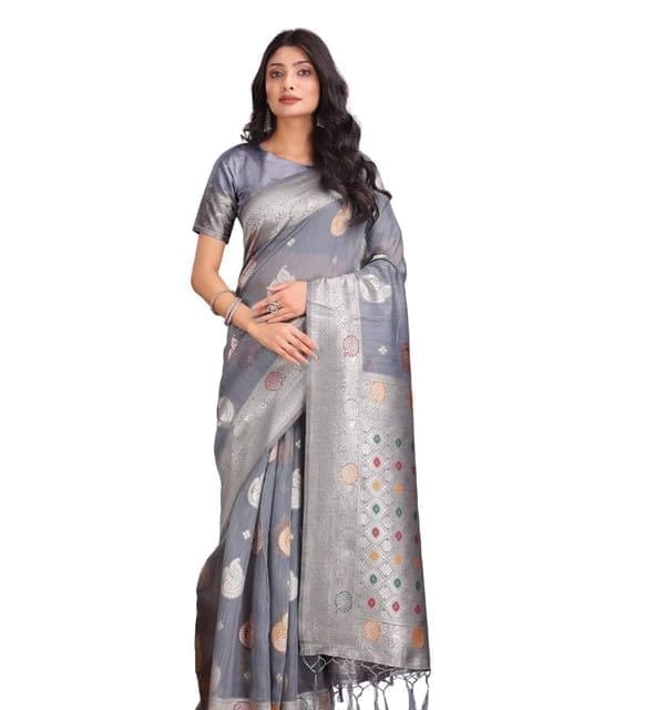 DARSHANS Women's Linen Cotton Printed Saree With Unstitched Blouse 5.5Mtr (Grey)-PID65238