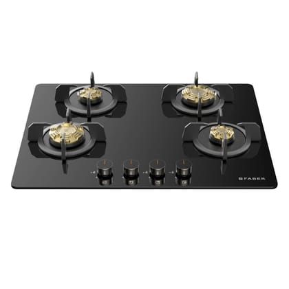 Faber 4 Burner 70cm Hob, Auto-Ignition, HOB PRIME HT704 CRS BR CI AI, Metal Knobs, Cast Iron Pan Support, Hob/Cooktop Hybrid| Black Glass Finish, 5 Yrs Warranty on Glass & Valve, 2 Yrs on Burner