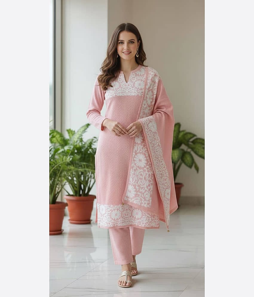 WOOL'S KART Women Woollen Printed A-line Kurti With Palazzo ( Pink )