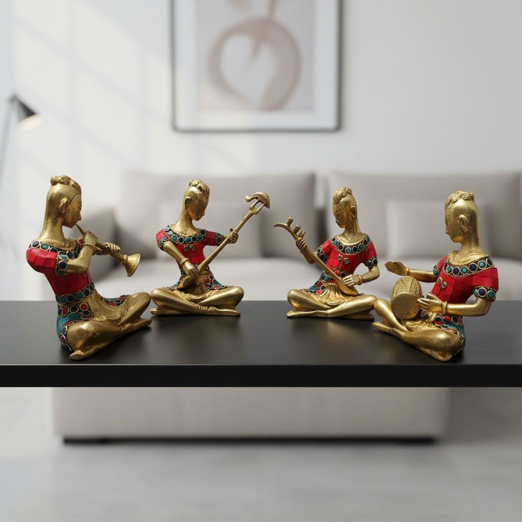 Brass Showpiece Rajasthani Musical Set Of 4 Pc, Height : 6.5 Inch (BSMAS053)