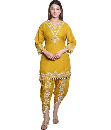 Whyme Fashion Cotton Printed Kurti With Dhoti Pants Women's Stitched Salwar Suit - Mustard ( Pack of 1 )