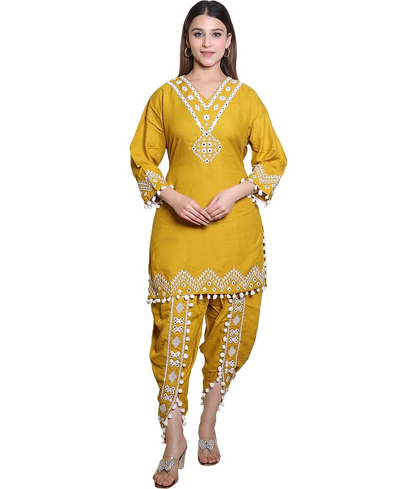 Whyme Fashion Cotton Printed Kurti With Dhoti Pants Women's Stitched Salwar Suit - Mustard ( Pack of 1 )