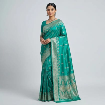Green Banarasi Satin Gold Silver Zari Embroidered Saree For Women