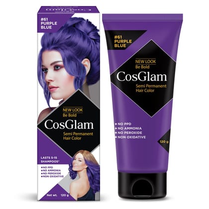 COSGLAM Semi Permanent Hair Color, No Peroxide, Non Oxidative, Ammonia Free Hair Colour 61 Purple Blue - 120gm