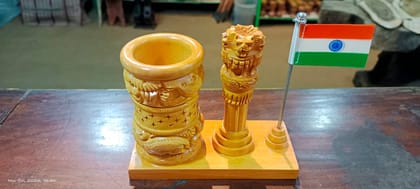 Biraj Chanda Wooden Desk Organizer (1 unit) | Hand-Carved Pen Stand with Ashoka Pillar & Indian Flag | Office & Home Decor