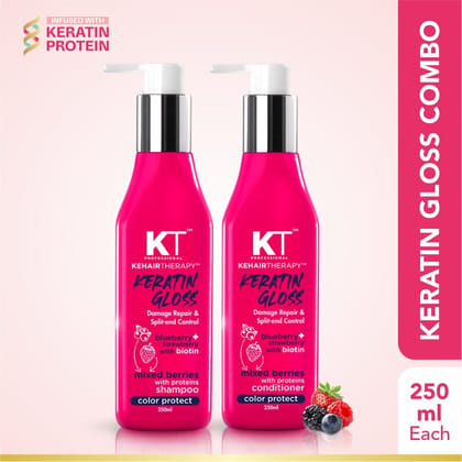 KT Professional Keratin Gloss Shampoo & Conditioner, Damage Repair & Split-End Care - 500ml