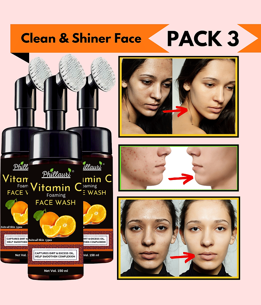 Phillauri Brightening Vitamin C Foaming Face Wash with Built-In Face Brush - (150 ML) Pack of 3