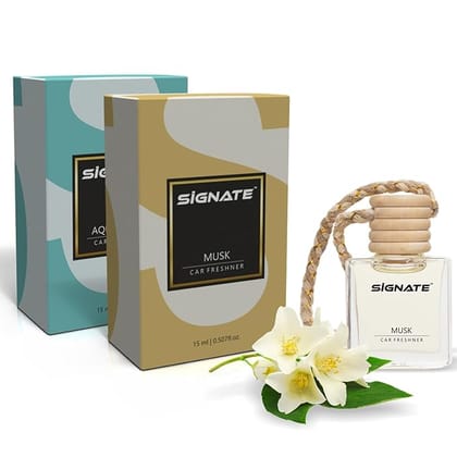 Signate Car Perfume with Natural Fragrance Essential Oils | Car Air Fresheners Long Lasting Upto 90 Days | Hanging Pod in Glass Bottle with Wooden Diffuser Lid  (Musk 15ML + Aqua Lotus Air 15ML)