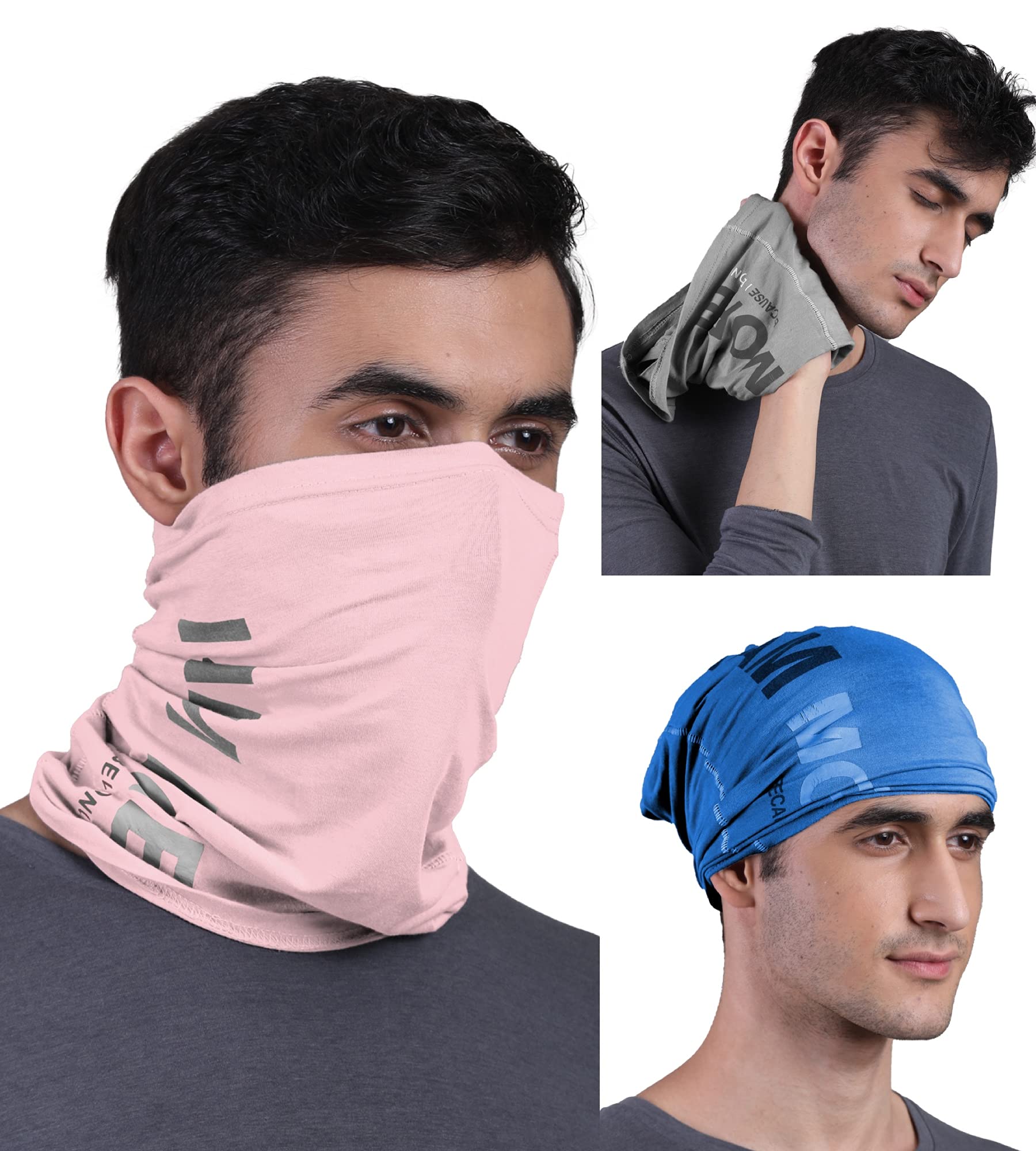FREECULTR Unisex Bamboo Bandana, Anti Microbial Super Soft & Comfort Fit, Breathable Multipurpose Headband - Printed Pack of 3-Charcoal,Pastle Peach,Pilot Blue