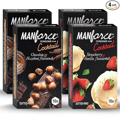 Manforce Cocktail Condoms with Dotted Rings Combo Pack (Strawberry+ Vanilla & Chocolate+ Hazelnut)- 10 Pieces (Pack of 4) Manforce Cocktail Condoms with Dotted Rings Combo Pack (Strawberry+ Vanilla & Chocolate+ Hazelnut)- 10 Pieces (Pack of 4)